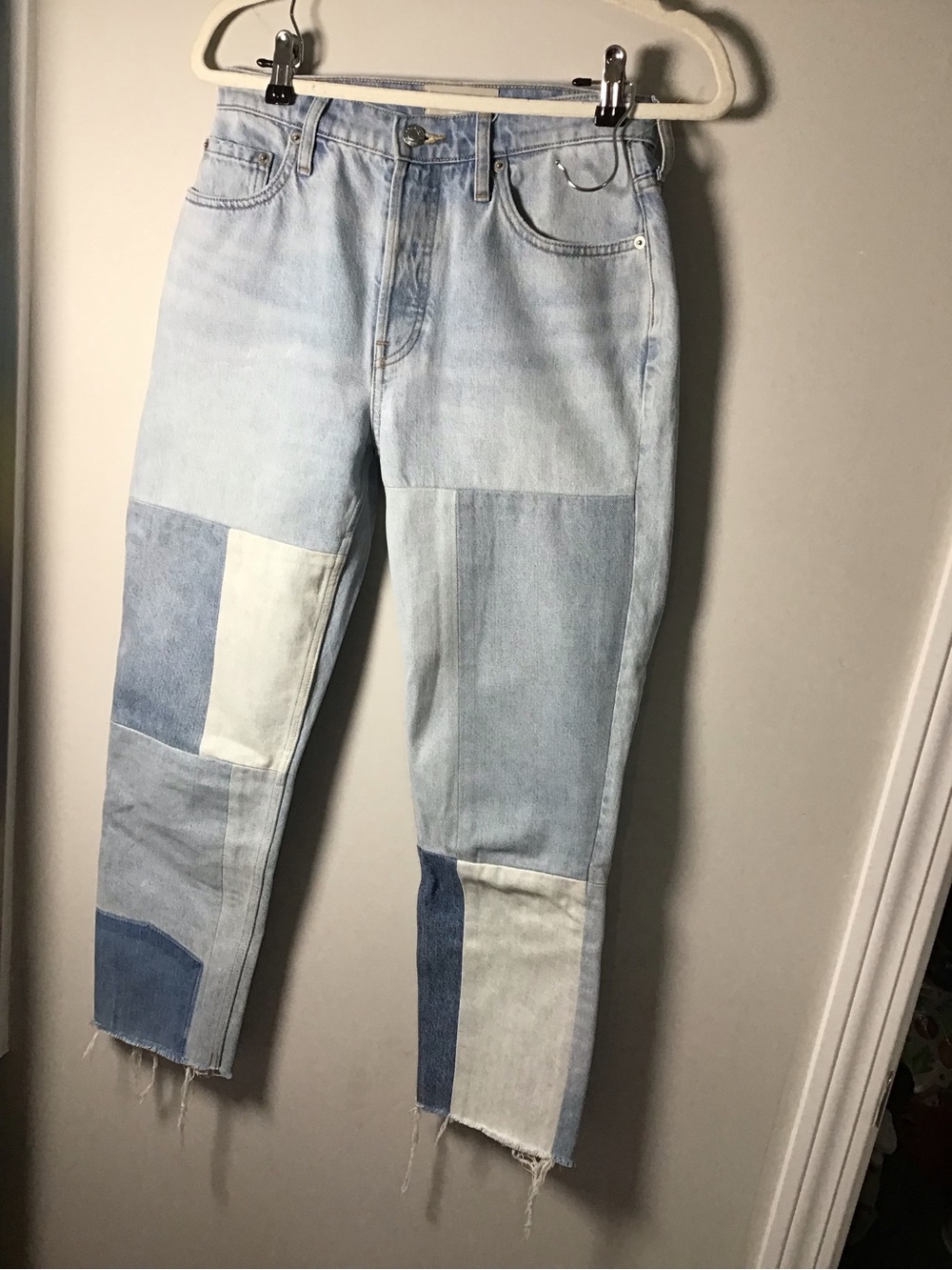 Everlane Patchwork Light and Medium Blue Straight-Leg Jeans Sz 26 Ankle